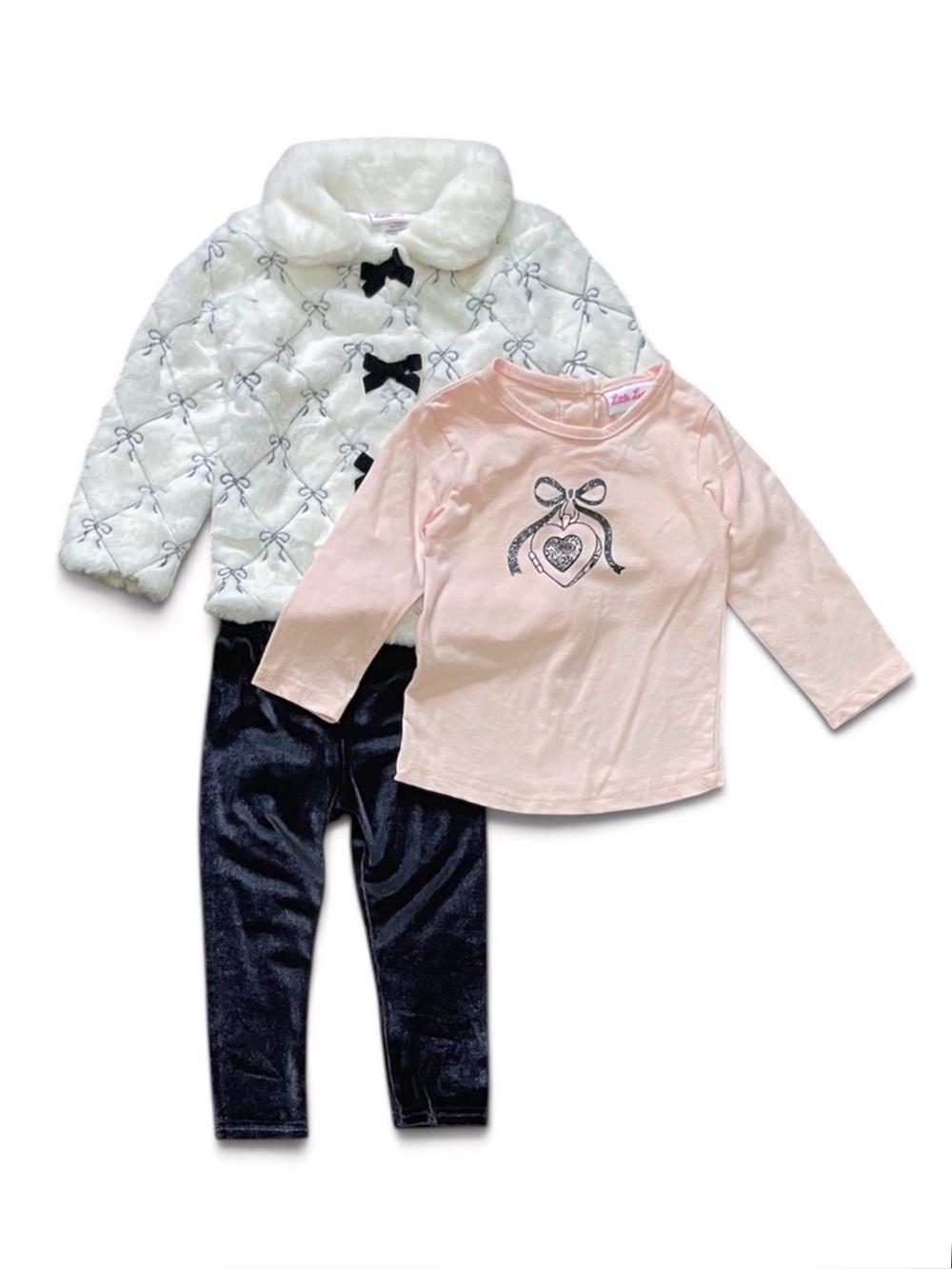 Girls 3-Piece Pink and Black with Bows Set with Faux-Fur Jacket size 18M
